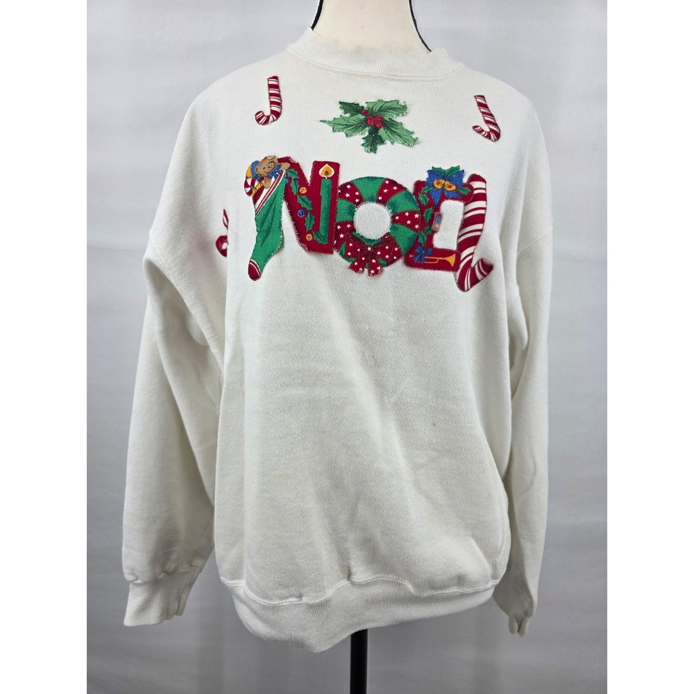 Vintage Tultex Maximum Sweats Noel Holiday Sweatshirt White XL Christmas 90s
